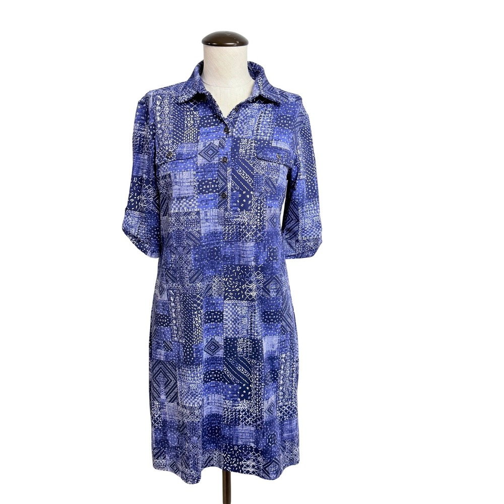 J.McLaughlin Catalina Cloth Stretch Patchwork Shirt Dress Blue Geometric Small
